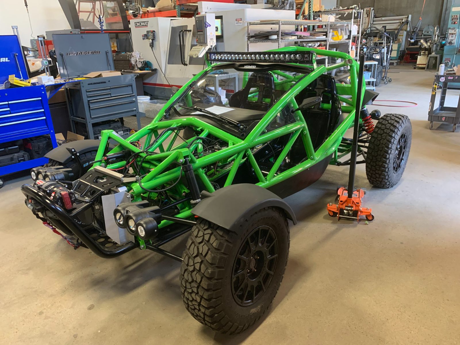 Ariel Nomad near final assembly - complete vehicle in shop on jack stands