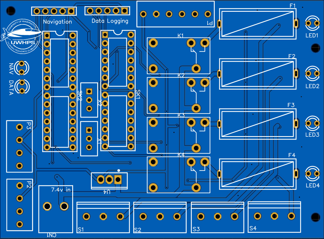 Control Board Rev 4 front - custom PCB designed by Nikolas Johnson, blue substrate with gold pads